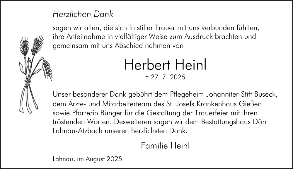  Traueranzeige für Herbert Heinl vom 30.08.2025 aus Wetzlarer Neue Zeitung