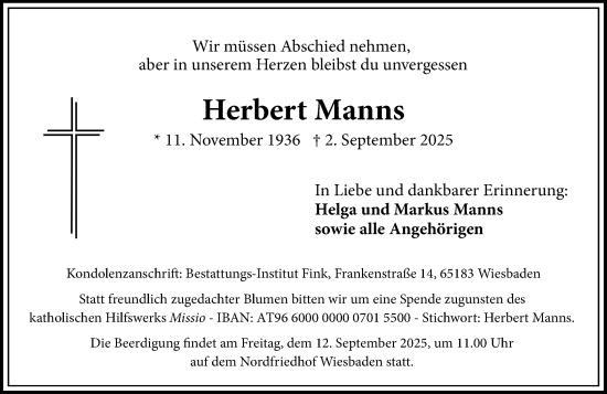 Traueranzeige von Herbert Manns von Wiesbadener Kurier