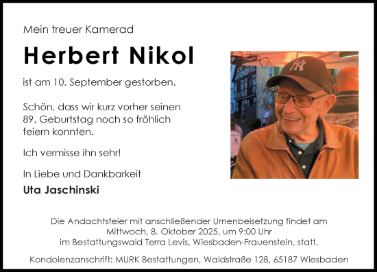 Traueranzeige von Herbert Nikol von Wiesbadener Kurier