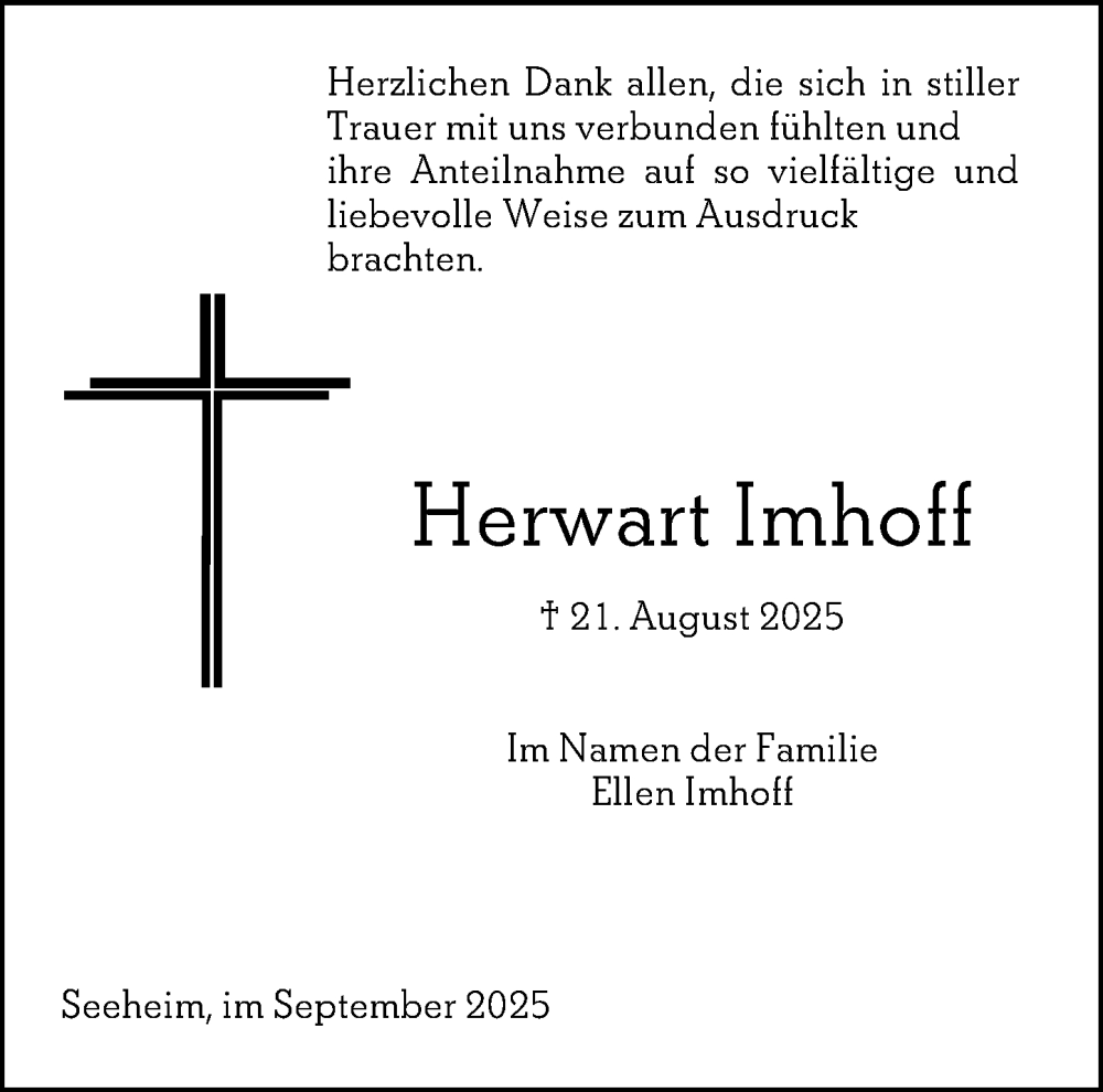  Traueranzeige für Herwart Imhoff vom 17.09.2025 aus Darmstädter Echo