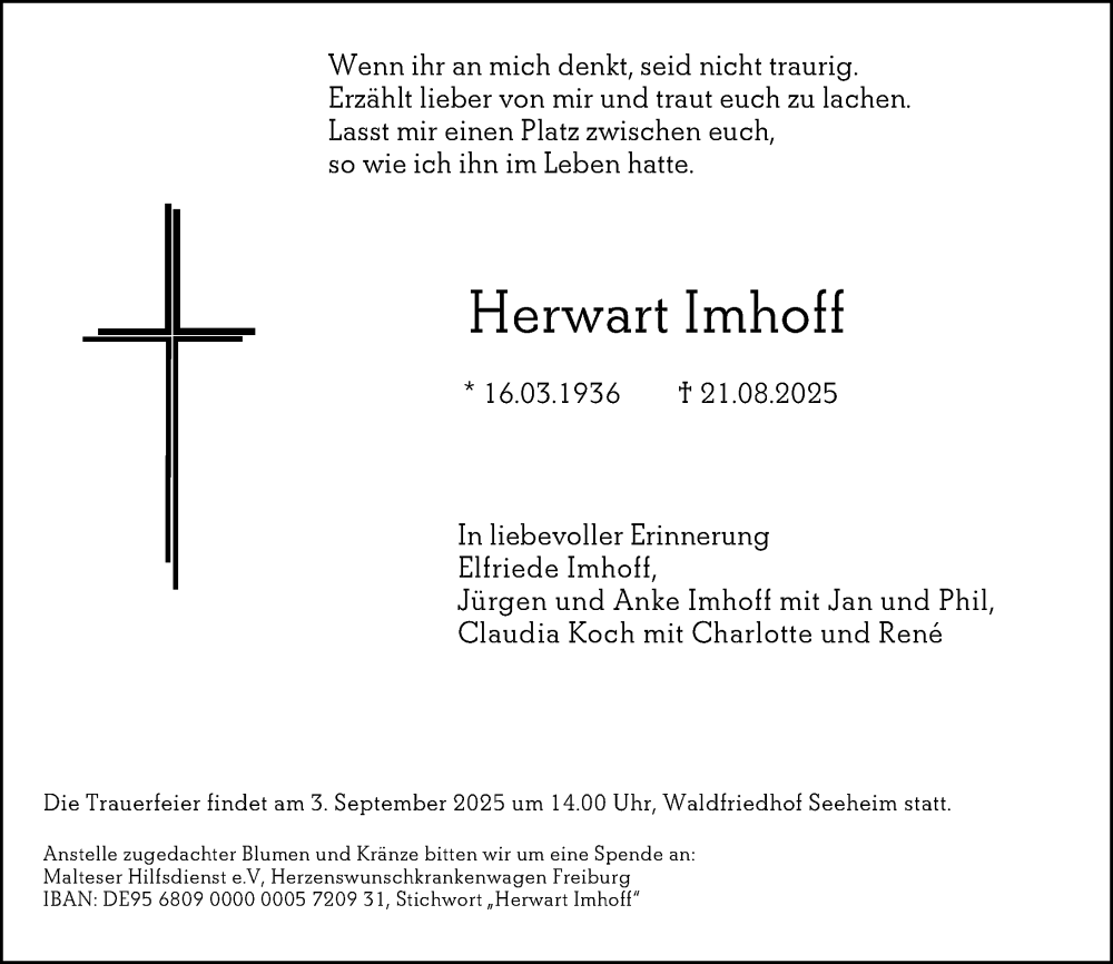  Traueranzeige für Herwart Imhoff vom 30.08.2025 aus Darmstädter Echo