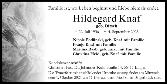 Traueranzeige von Hildegard Knaf von Binger-/Ingelheimer Wochenblatt