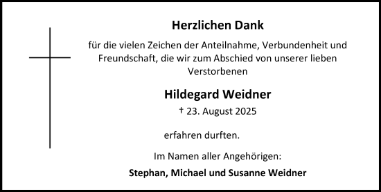 Traueranzeige von Hildegard Weidner von Allgemeine Zeitung Mainz