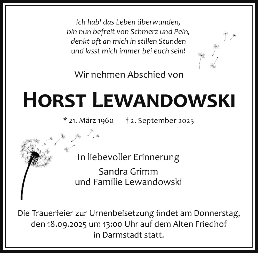  Traueranzeige für Horst Lewandowski vom 13.09.2025 aus Darmstädter Echo