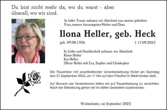Traueranzeige von Ilona Heller von Weilburger Tageblatt