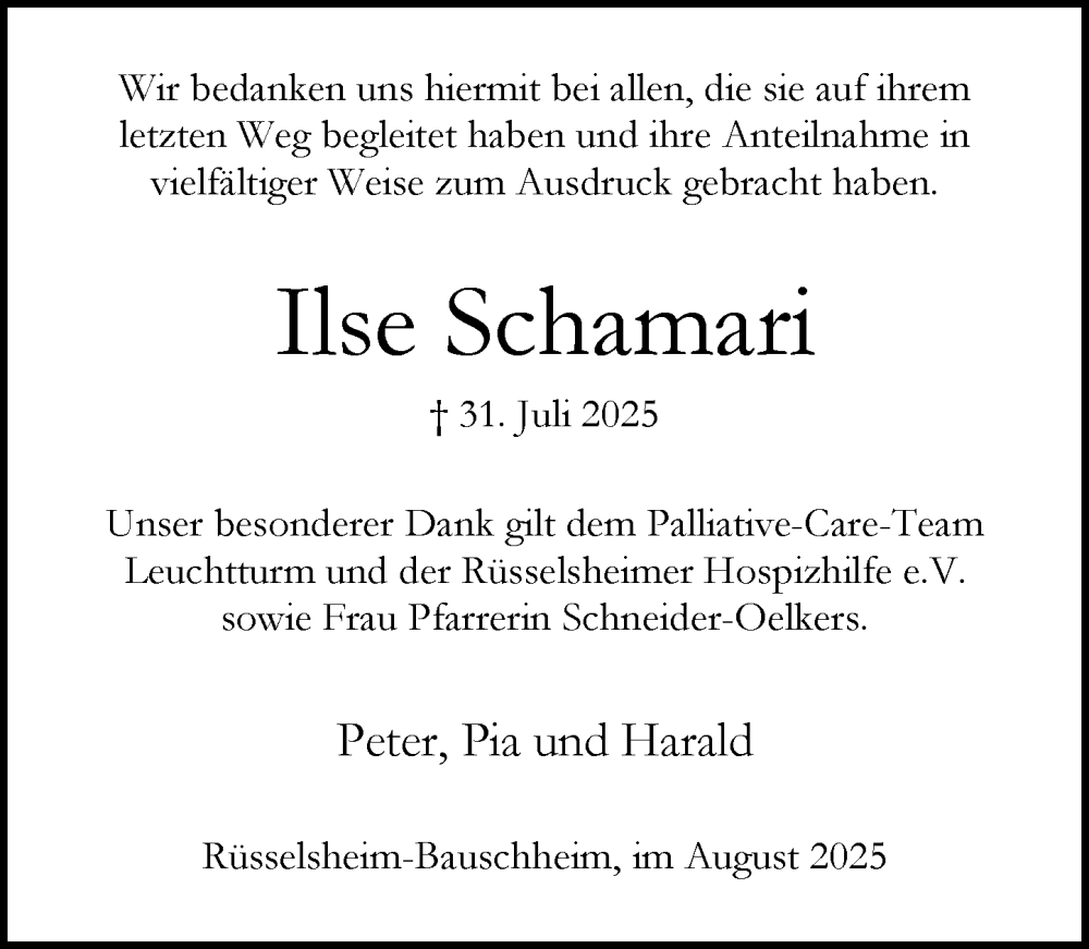  Traueranzeige für Ilse Schamari vom 30.08.2025 aus Rüsselsheimer Echo