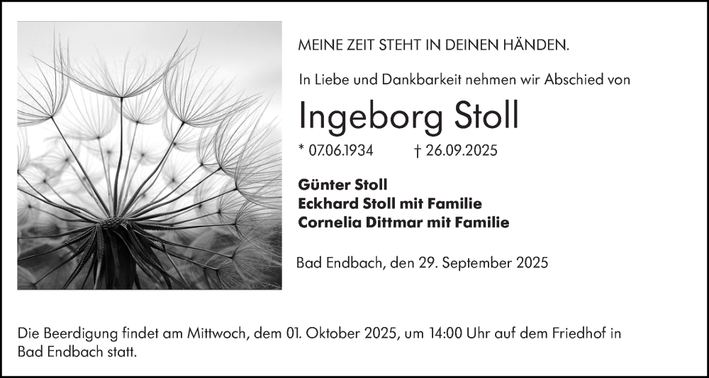  Traueranzeige für Ingeborg Stoll vom 29.09.2025 aus Hinterländer Anzeiger