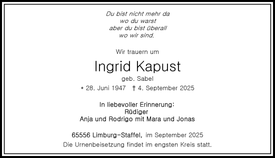Traueranzeige von Ingrid Kapust von Nassauische Neue Presse
