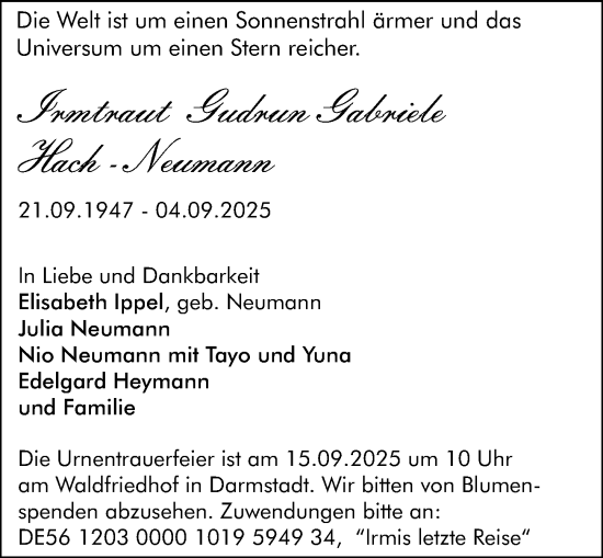 Traueranzeige von Irmtraut Gudrun Gabriele Hach-Neumann von Darmstädter Echo