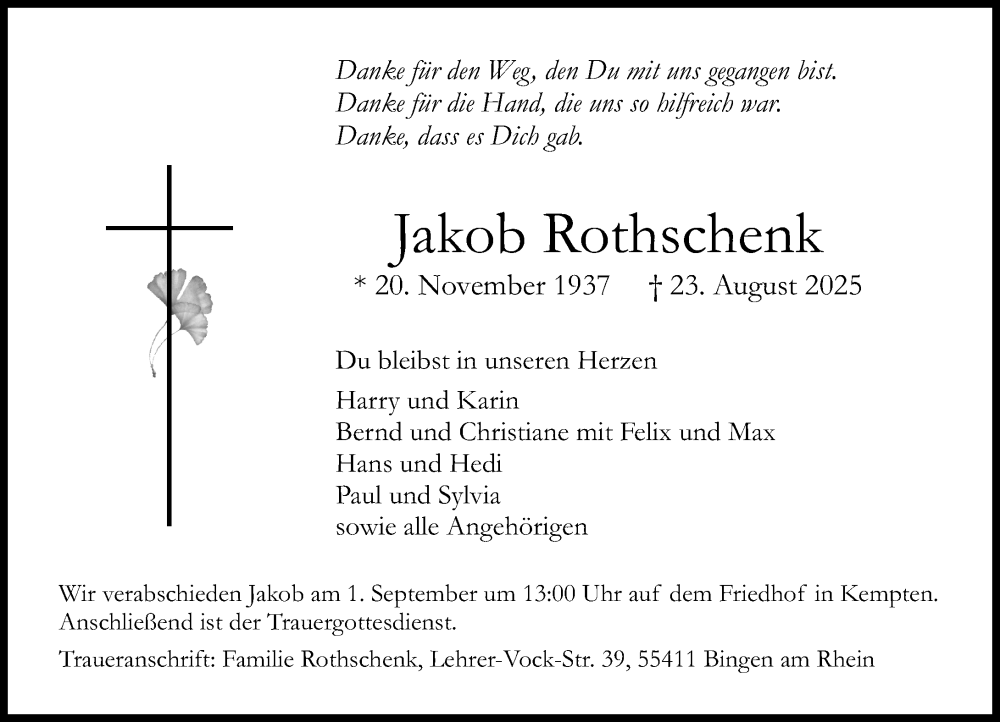  Traueranzeige für Jakob Rothschenk vom 30.08.2025 aus Allgemeine Zeitung Rheinhessen-Nahe