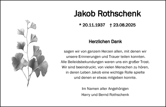 Traueranzeige von Jakob Rothschenk von Binger-/Ingelheimer Wochenblatt