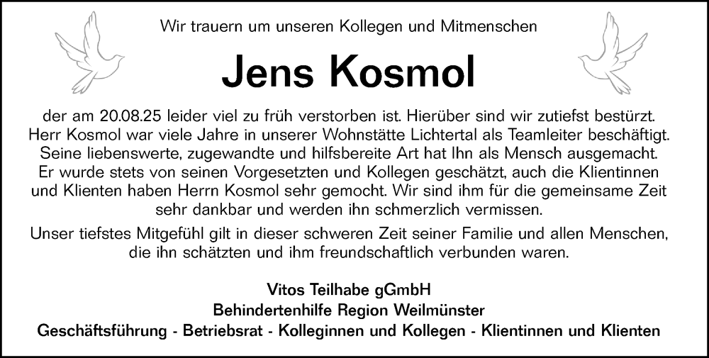  Traueranzeige für Jens Kosmol vom 30.08.2025 aus Weilburger Tageblatt