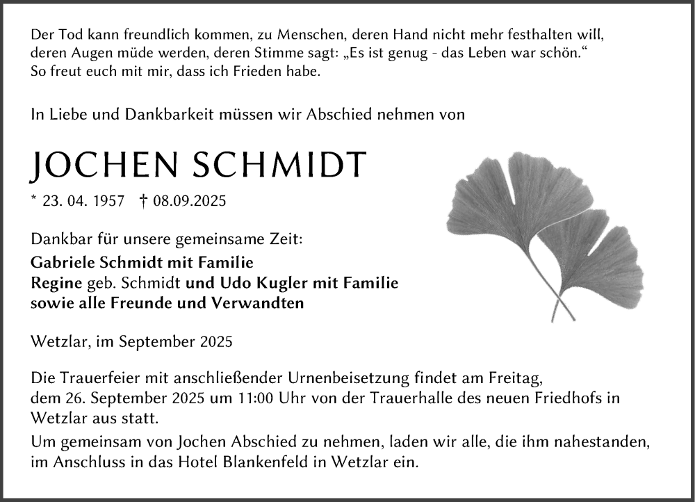  Traueranzeige für Jochen Schmidt vom 20.09.2025 aus Wetzlarer Neue Zeitung