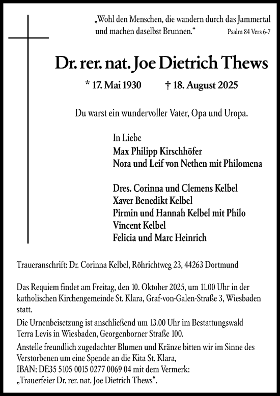 Traueranzeige von Joe Dietrich Thews von Wiesbadener Kurier