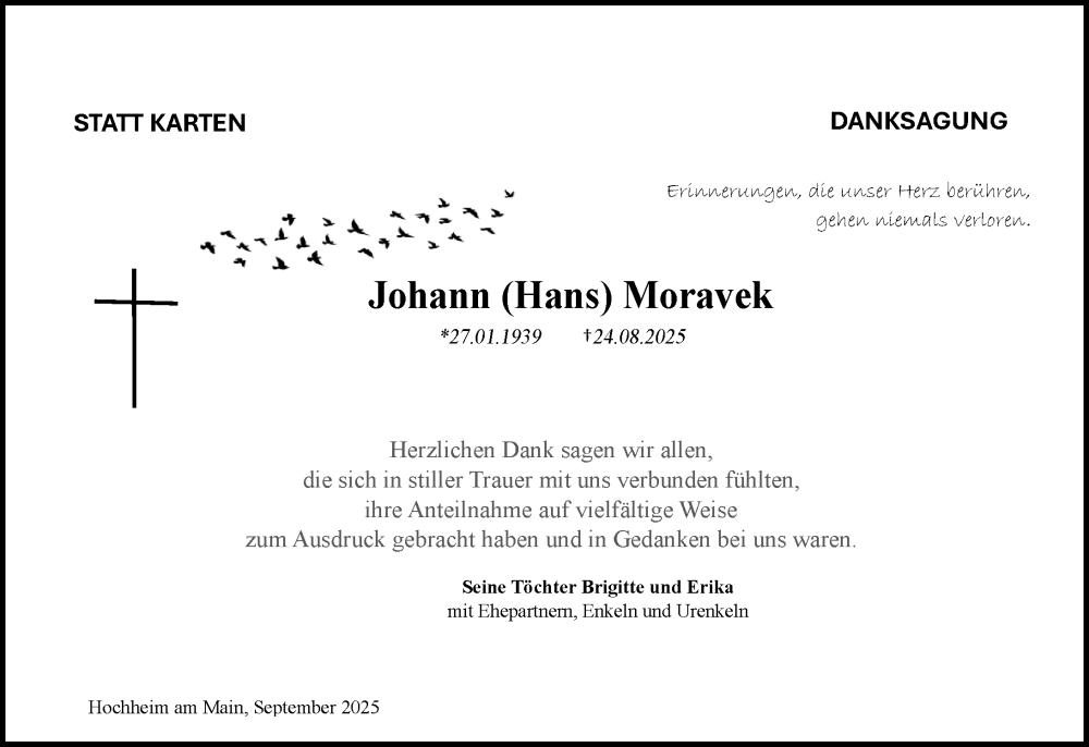  Traueranzeige für Johann Moravek vom 12.09.2025 aus Hochheimer Zeitung