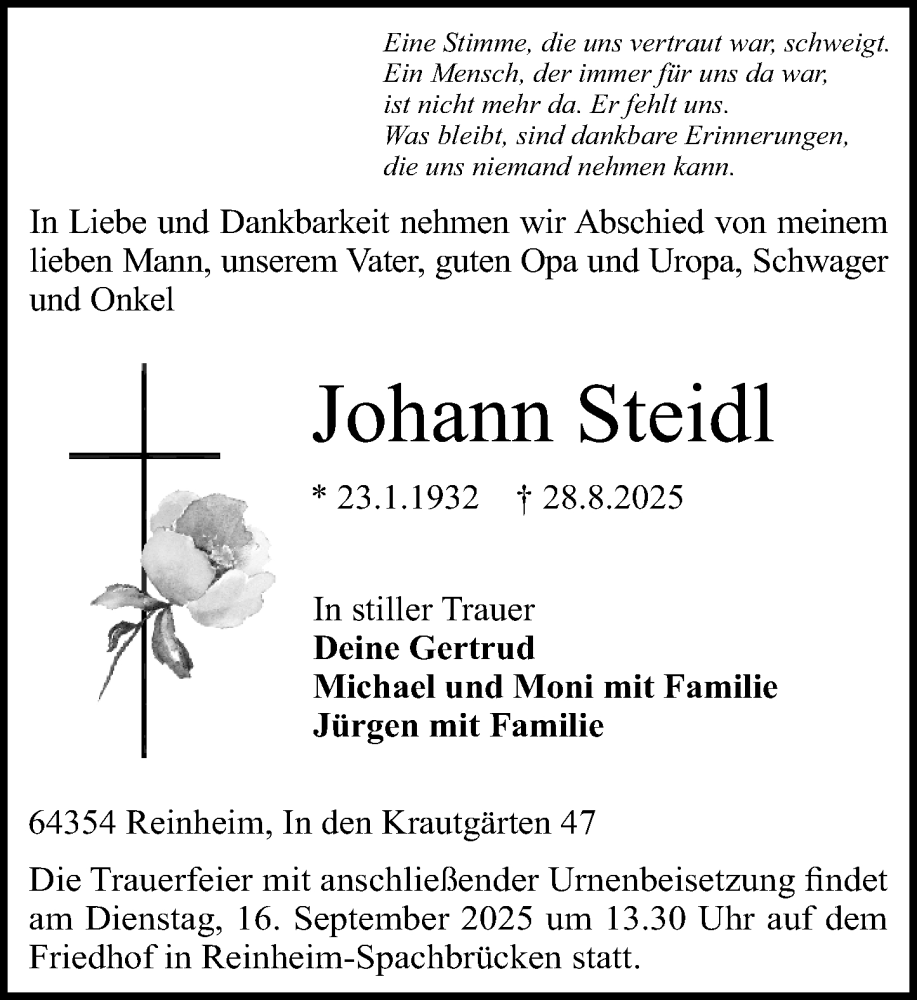  Traueranzeige für Johann Steidl vom 13.09.2025 aus Darmstädter Echo
