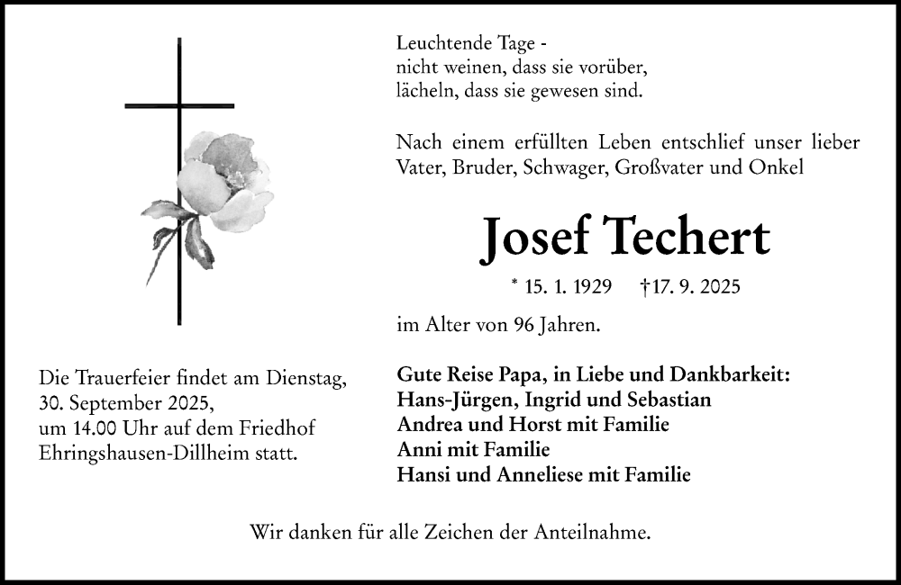  Traueranzeige für Josef Techert vom 27.09.2025 aus Wetzlarer Neue Zeitung