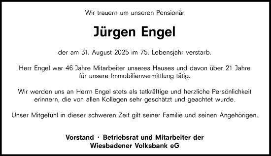Traueranzeige von Jürgen Engel von Wiesbadener Kurier