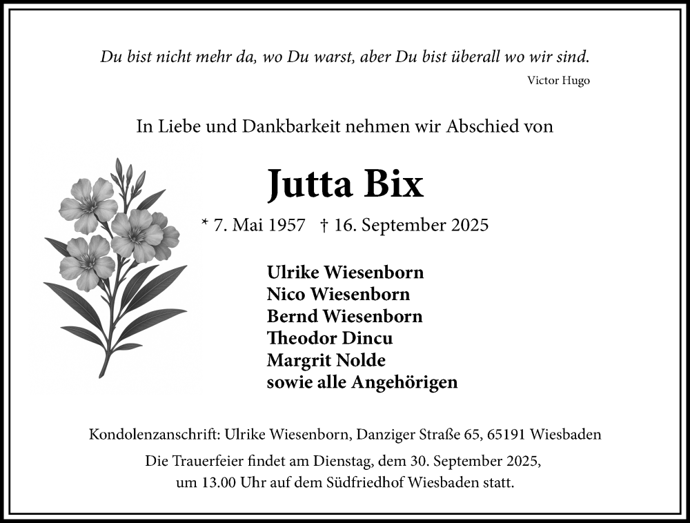  Traueranzeige für Jutta Bix vom 27.09.2025 aus Wiesbadener Kurier