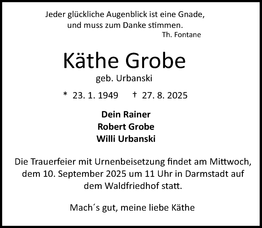  Traueranzeige für Käthe Grobe vom 06.09.2025 aus Darmstädter Echo