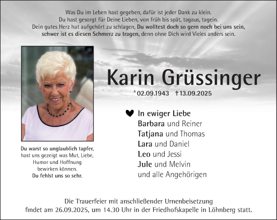Traueranzeige von Karin Grüssinger von Weilburger Tageblatt