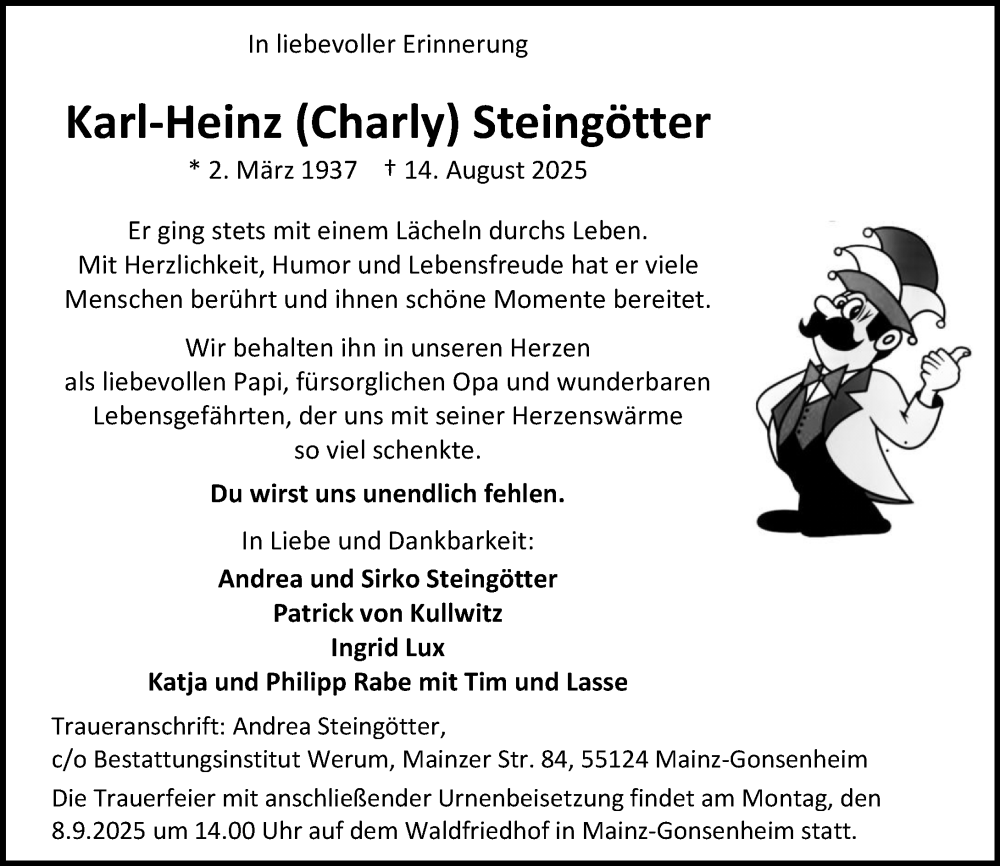  Traueranzeige für Karl-Heinz Steingötter vom 30.08.2025 aus Allgemeine Zeitung Mainz