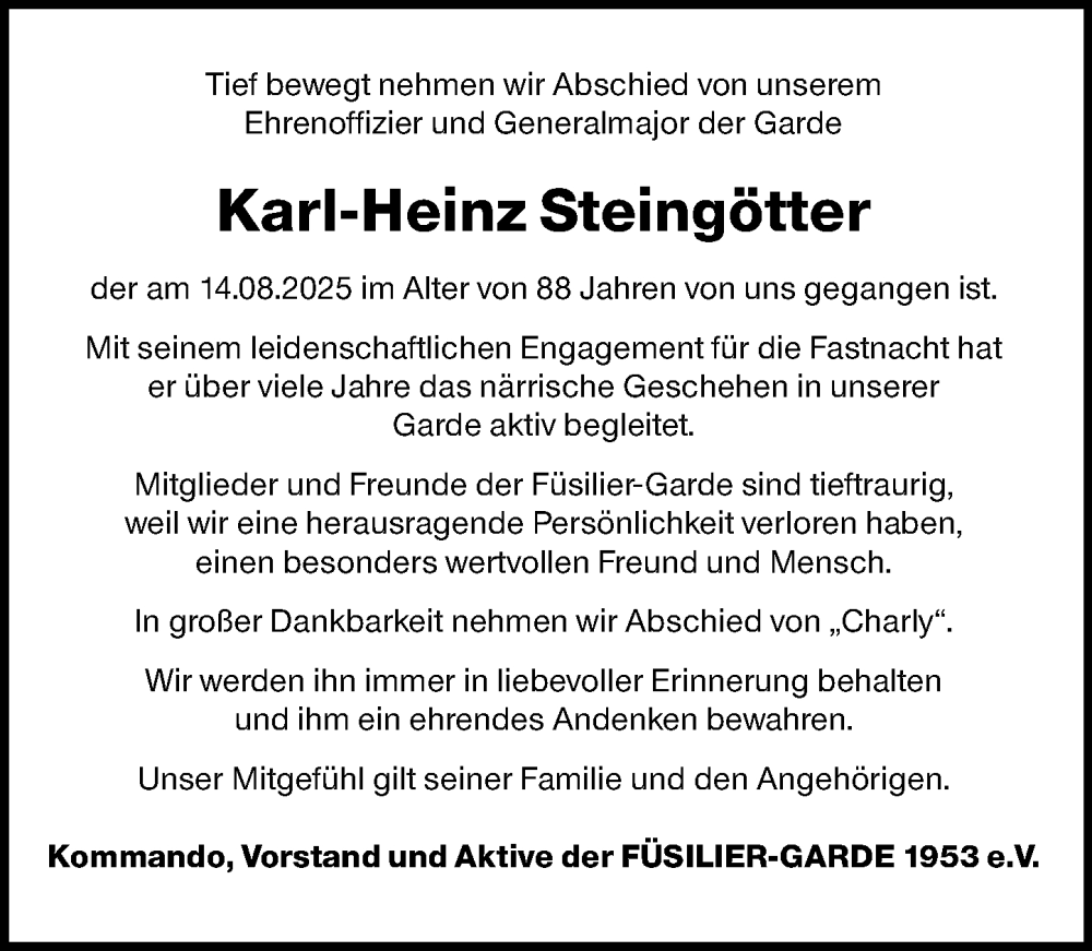 Traueranzeige für Karl-Heinz Steingötter vom 30.08.2025 aus Allgemeine Zeitung Mainz