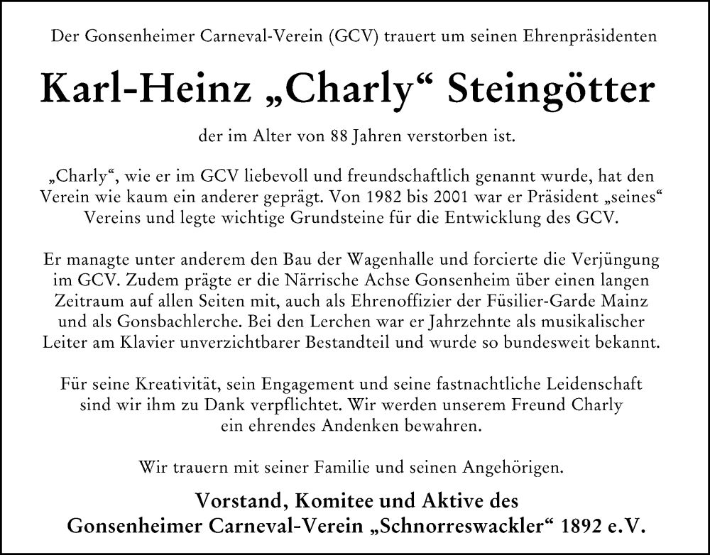  Traueranzeige für Karl-Heinz Steingötter vom 30.08.2025 aus Allgemeine Zeitung Mainz