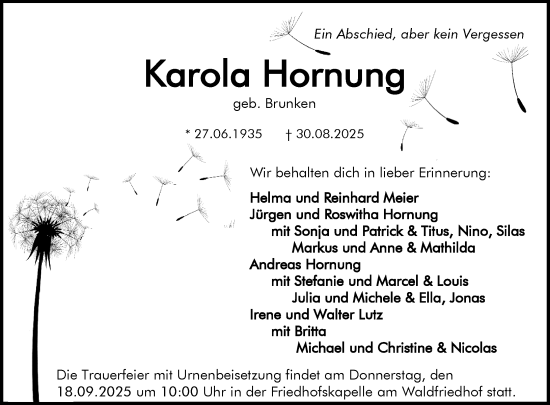 Traueranzeige von Karola Hornung von Darmstädter Echo