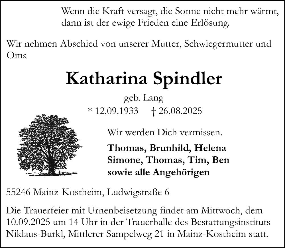  Traueranzeige für Katharina Spindler vom 06.09.2025 aus Allgemeine Zeitung Mainz