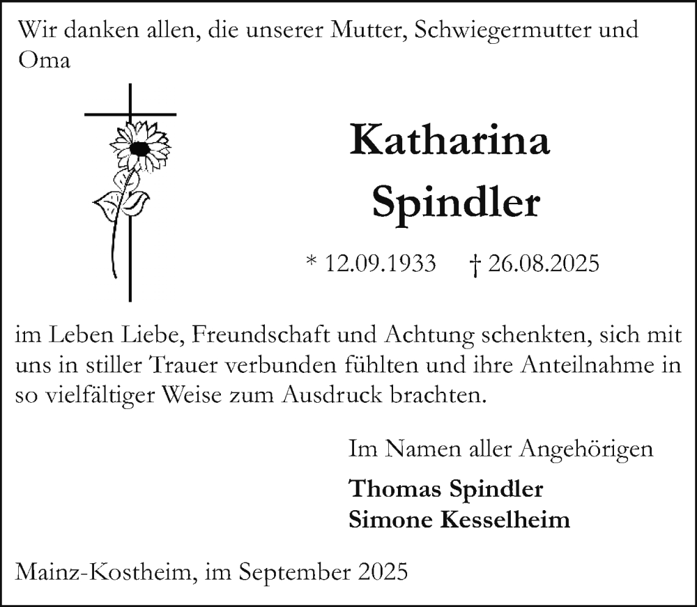  Traueranzeige für Katharina Spindler vom 27.09.2025 aus Allgemeine Zeitung Mainz