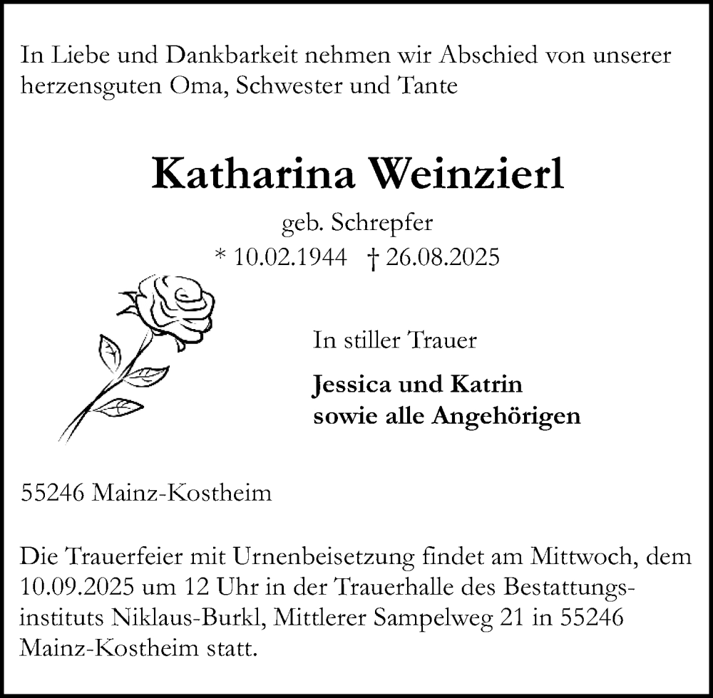  Traueranzeige für Katharina Weinzierl vom 06.09.2025 aus Allgemeine Zeitung Mainz