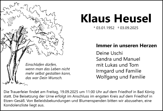 Traueranzeige von Klaus Heusel von Odenwälder Echo