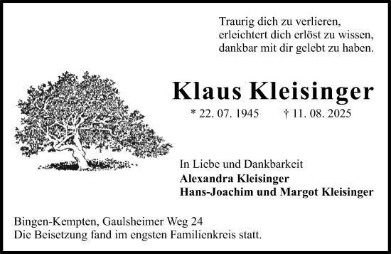 Traueranzeige von Klaus Kleisinger von Binger-/Ingelheimer Wochenblatt