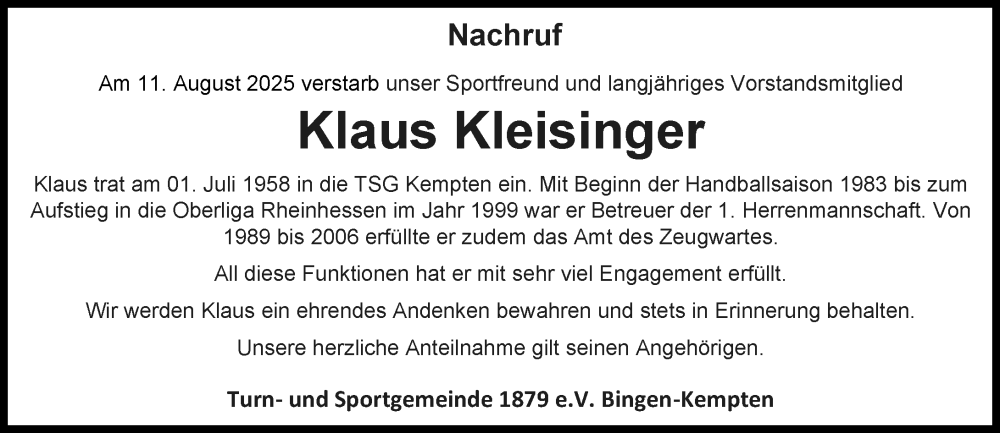  Traueranzeige für Klaus Kleisinger vom 30.08.2025 aus Binger-/Ingelheimer Wochenblatt