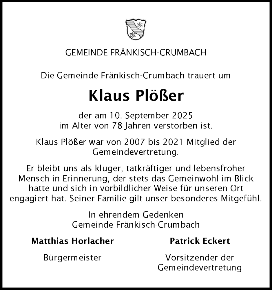  Traueranzeige für Klaus Plößer vom 20.09.2025 aus Odenwälder Echo