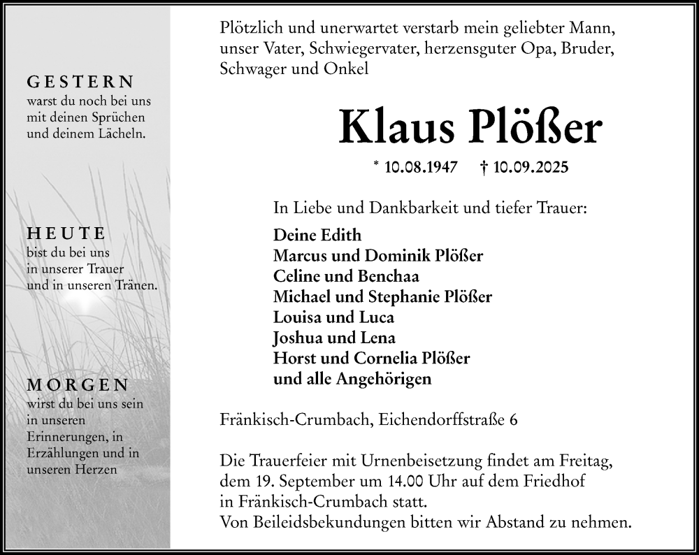  Traueranzeige für Klaus Plößer vom 16.09.2025 aus Odenwälder Echo