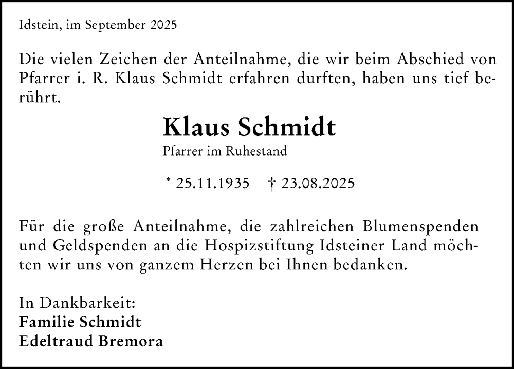  Traueranzeige für Klaus Schmidt vom 20.09.2025 aus Idsteiner Land/Untertaunus