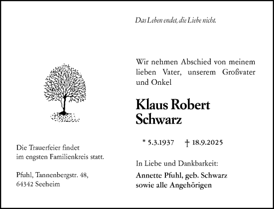 Traueranzeige von Klaus Robert Schwarz von Darmstädter Echo