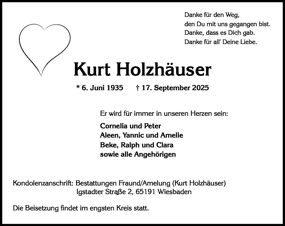  Traueranzeige für Kurt Holzhäuser vom 27.09.2025 aus Wiesbadener Kurier