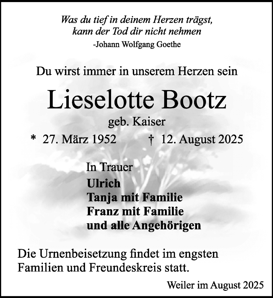  Traueranzeige für Lieselotte Bootz vom 30.08.2025 aus Allgemeine Zeitung Rheinhessen-Nahe
