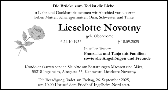 Traueranzeige von Lieselotte Novotny von Allgemeine Zeitung Rheinhessen-Nahe