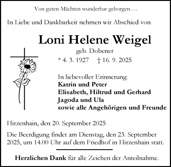 Traueranzeige von Loni Helene Weigel von Dill Block