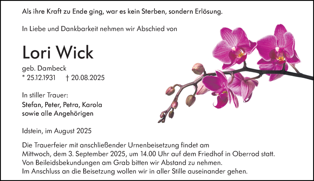 Traueranzeige für Lori Wick vom 30.08.2025 aus Idsteiner Land/Untertaunus