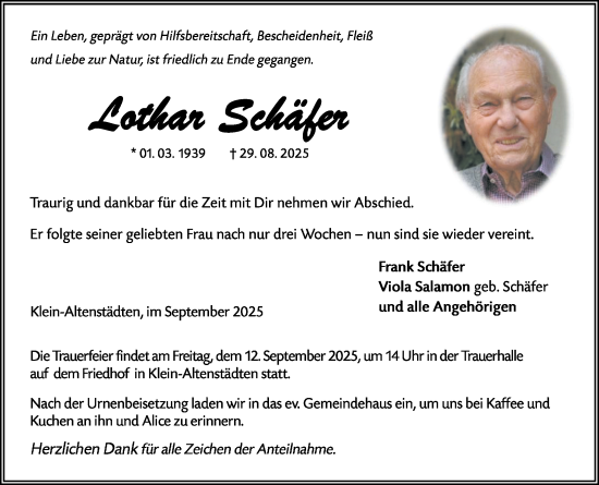 Traueranzeige von Lothar Schäfer von Wetzlarer Neue Zeitung