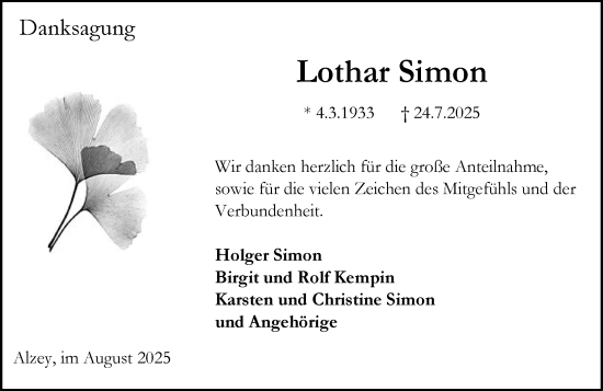 Traueranzeige von Lothar Simon von Allgemeine Zeitung Alzey