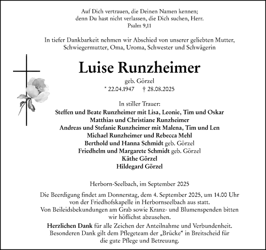 Traueranzeige von Luise Runzheimer von Dill Block