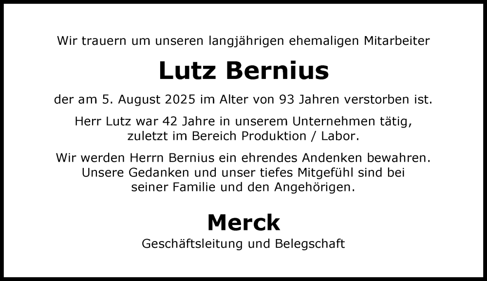  Traueranzeige für Lutz Bernius vom 30.08.2025 aus Darmstädter Echo