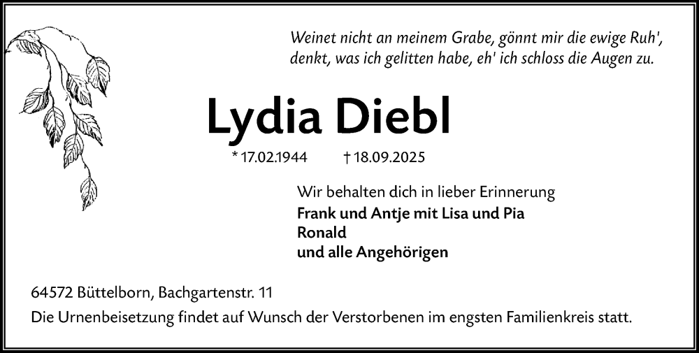  Traueranzeige für Lydia Diebl vom 27.09.2025 aus Groß-Gerauer Echo