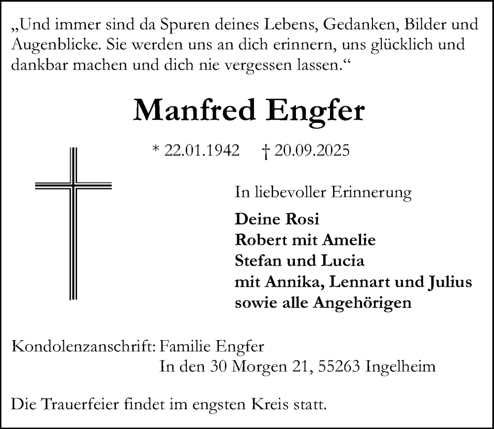  Traueranzeige für Manfred Engfer vom 27.09.2025 aus Allgemeine Zeitung Mainz
